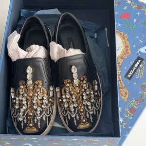 Dolce & Gabbana Embellished Leather Slip-On Sneakers – Authentic